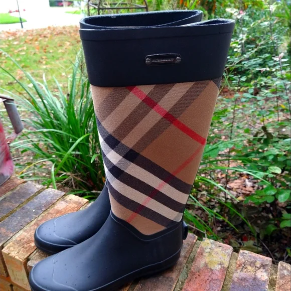 Burberry Black and Tan Plaid Winter Rain Boots - Picture 1 of 8
